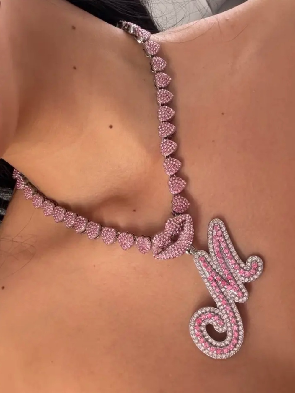 M Pink Initial Necklace - Sparkling Script Pendant